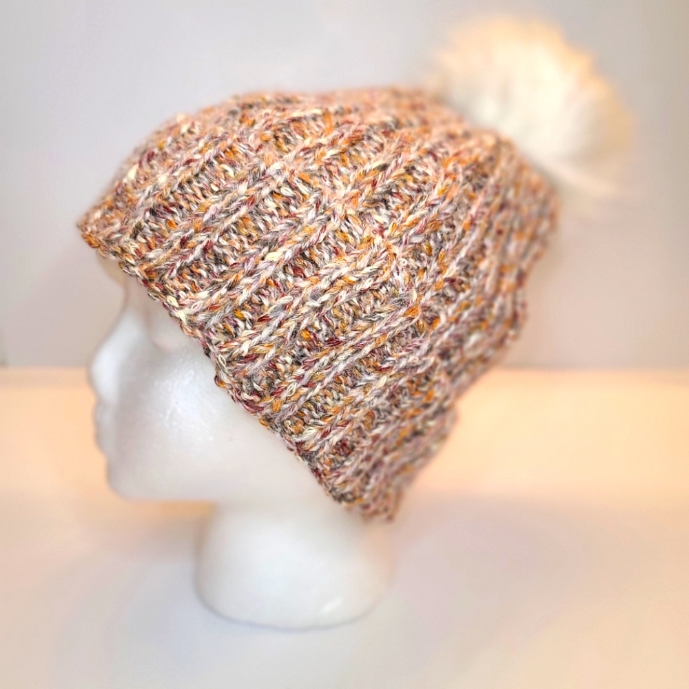 Warm Beanie Tan Mix color Nit Pom Pom Velour lined Beanie… - Picture 2 of 6